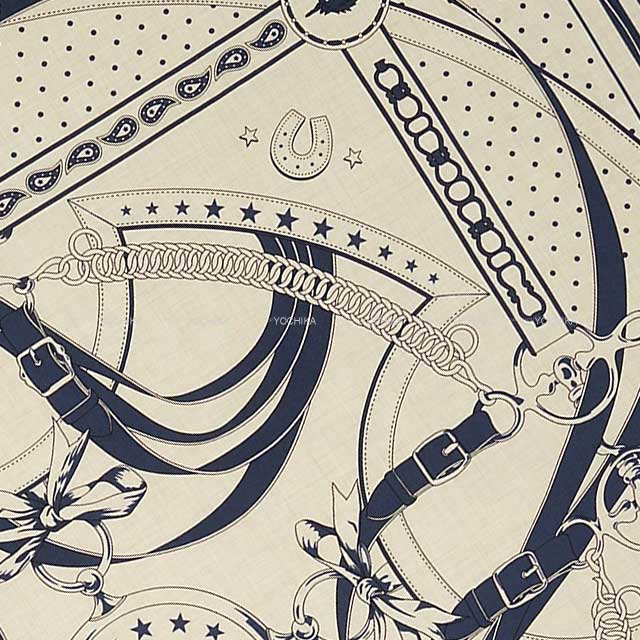 2023SS HERMES scarf Carre 140 La Promenade du Matin Bandana Natural/Marine/Noir(Black) Cashmere70% / Silk30%[EXCELLENT][Authentic]