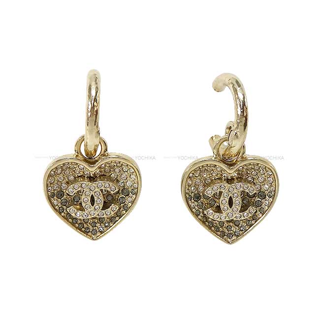 2023 SS CHANEL pierced earring Coco mark heart motif glitter and rhinestones Noir (Black) champagne-gold Champagne Gold HW ABA404[BRAND NEW][Authentic]