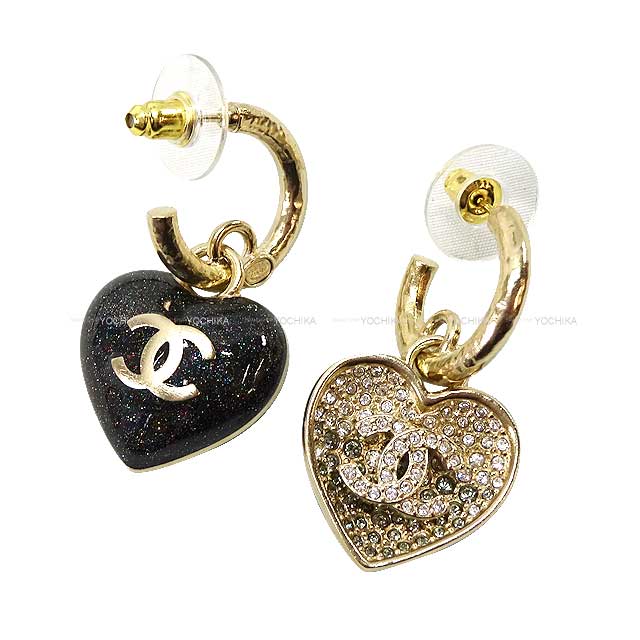 2023 SS CHANEL pierced earring Coco mark heart motif glitter and rhinestones Noir (Black) champagne-gold Champagne Gold HW ABA404[BRAND NEW][Authentic]