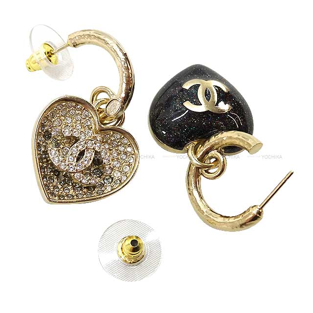 2023 SS CHANEL pierced earring Coco mark heart motif glitter and rhinestones Noir (Black) champagne-gold Champagne Gold HW ABA404[BRAND NEW][Authentic]