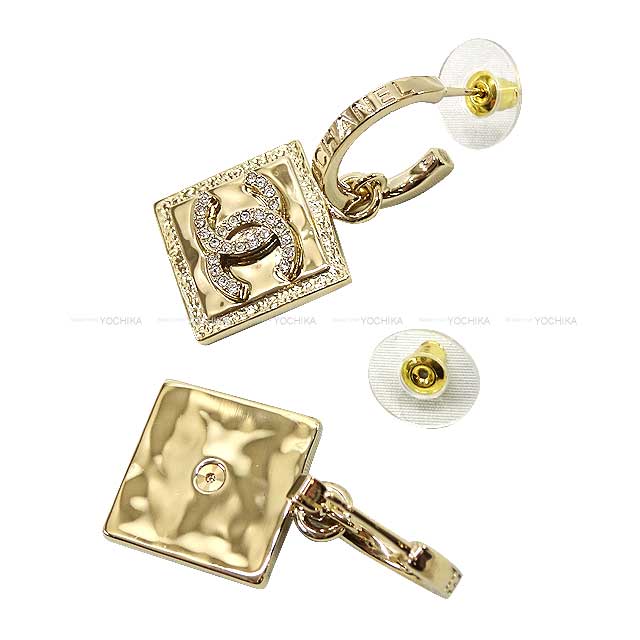 CHANEL pierced earring Coco Mark Rhinestone Square Plate Dangling champagne-gold Champagne Gold HW ABA352[BRAND NEW][Authentic]