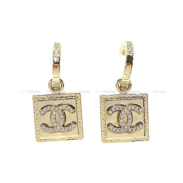 CHANEL pierced earring Coco Mark Rhinestone Square Plate Dangling champagne-gold Champagne Gold HW ABA352[BRAND NEW][Authentic]