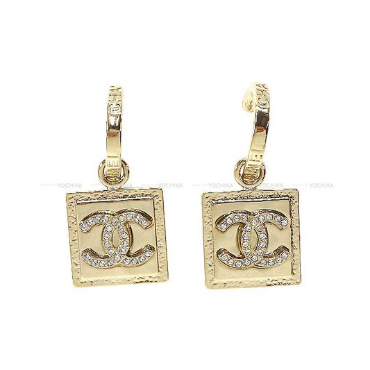 CHANEL pierced earring Coco Mark Rhinestone Square Plate Dangling champagne-gold Champagne Gold HW ABA352[BRAND NEW][Authentic]