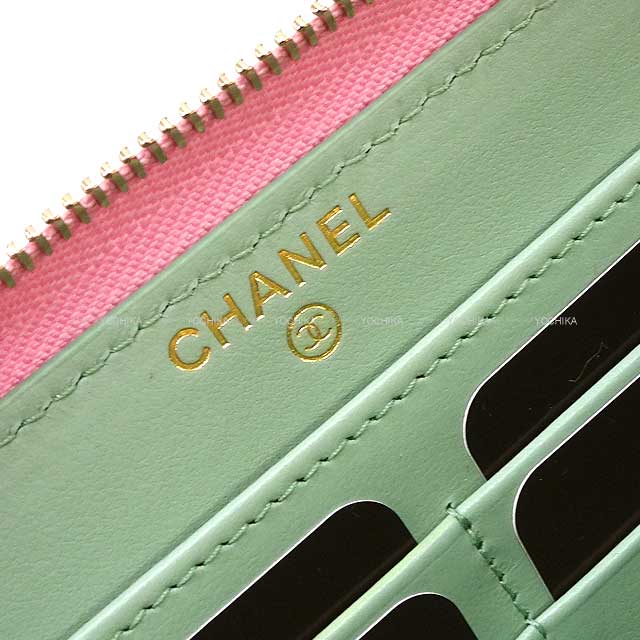 2022SS CHANEL long wallet Matelasse Mesh Coco Mark  Round zipper Pink/Green Grained Shiny Calf Champagne Gold HW AP3181[EXCELLENT][Authentic]