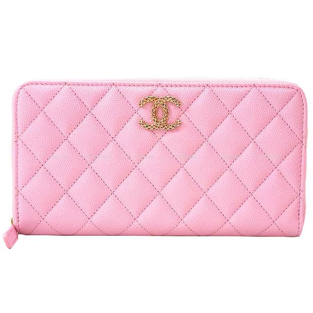 2022SS CHANEL long wallet Matelasse Mesh Coco Mark  Round zipper Pink/Green Grained Shiny Calf Champagne Gold HW AP3181[EXCELLENT][Authentic]