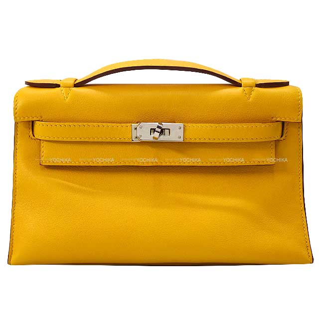 HERMES Handbag Pochette Kelly Jaune d'Or Veau Swift Silver HW Stamp □M[EXCELLENT][Authentic]