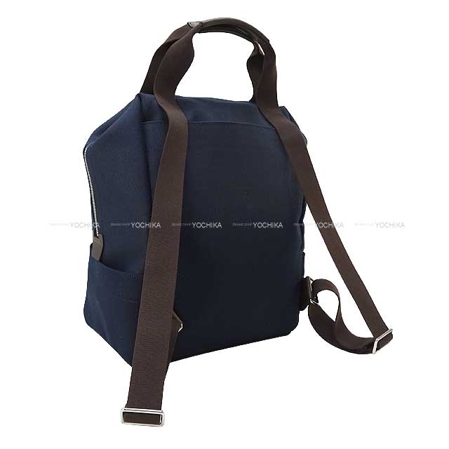 HERMES Backpack/daypack/Ruck sack Sac de pansage Grooming Blue Navy/Feu Orange Toile Twill H /Bridle Leather Silver HW[EXCELLENT][Authentic]