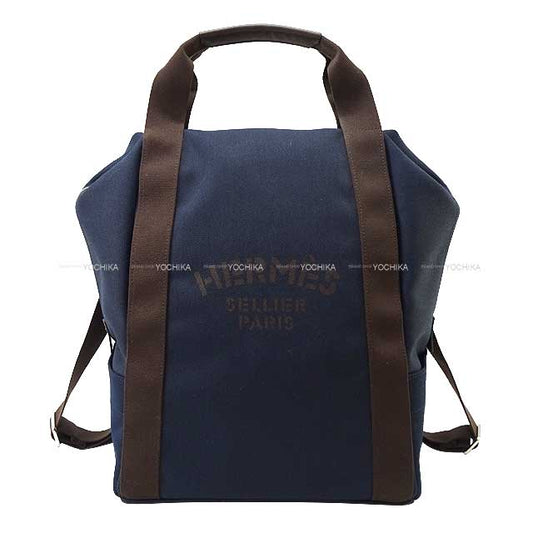 HERMES Backpack/daypack/Ruck sack Sac de pansage Grooming Blue Navy/Feu Orange Toile Twill H /Bridle Leather Silver HW[EXCELLENT][Authentic]