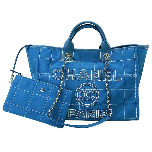 2023 Cruise New CHANEL tote bag Deauville GM Large Shopping 2way Blue/Blanc (White) Cotton/Calfskin Champagne Gold HW A66941[EXCELLENT][Authentic]