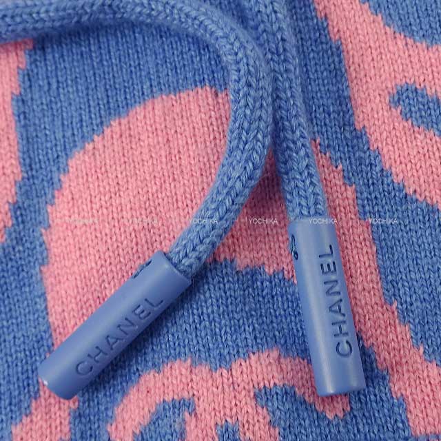 [Pre-loved] 2021 S/S CHANEL Hooded sweatshirt Hooded Knit Pullover #36 Blue/Pink Cashmere P70408[LIKE NEW][Authentic]