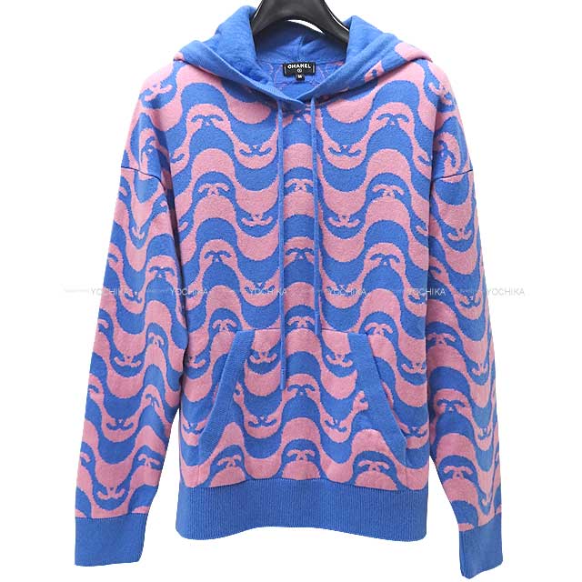 [Pre-loved] 2021 S/S CHANEL Hooded sweatshirt Hooded Knit Pullover #36 Blue/Pink Cashmere P70408[LIKE NEW][Authentic]