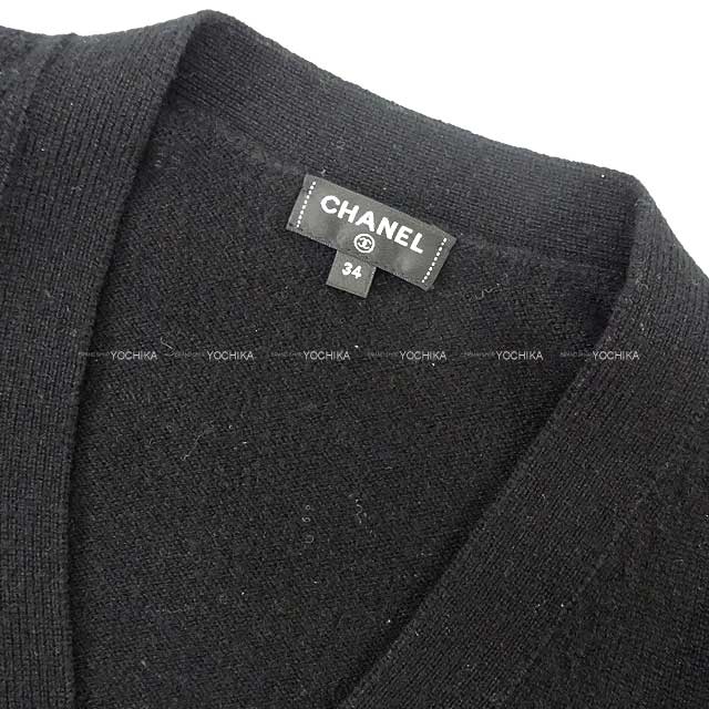 [Pre-loved] CHANEL Cardigan Velour buttons COCO mark flower #34 Noir (Black)/Blanc (White) 98% cashmere/ 2% silk P70945[LIKE NEW][Authentic]