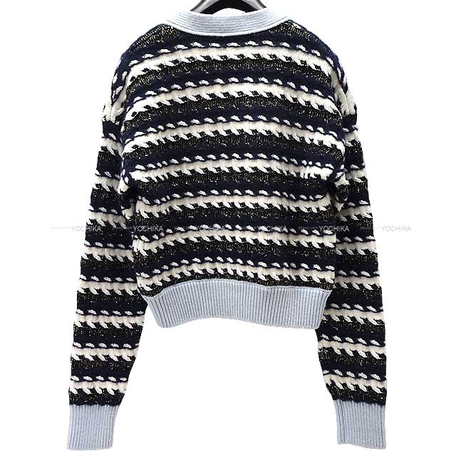 [Pre-loved] 2022 A/W CHANEL Cardigan Metal Coco Mark Button Stripe Tweed #34 Navy/Blanc (White)/Light Blue Cashmere P73499[LIKE NEW][Authentic]