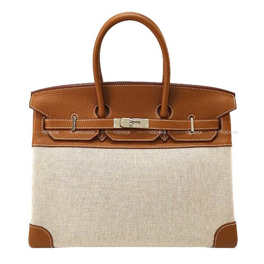 HERMES Handbag Birkin35 Gold(37)/Ecru Epsom Souple/Toile GM Silver HW Stamp □M[EXCELLENT][Authentic]
