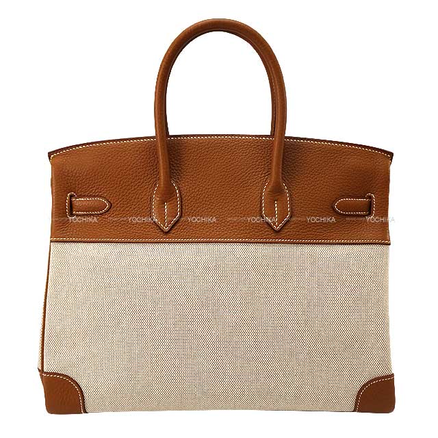 HERMES Handbag Birkin35 Gold(37)/Ecru Epsom Souple/Toile GM Silver HW Stamp □M[EXCELLENT][Authentic]