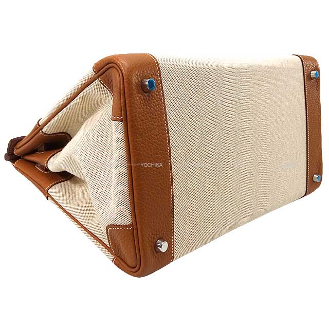 HERMES Handbag Birkin35 Gold(37)/Ecru Epsom Souple/Toile GM Silver HW Stamp □M[EXCELLENT][Authentic]