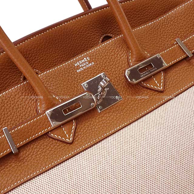 HERMES Handbag Birkin35 Gold(37)/Ecru Epsom Souple/Toile GM Silver HW Stamp □M[EXCELLENT][Authentic]