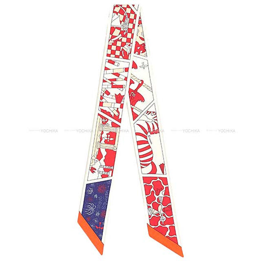 2023 SS NEW HERMES scarf Twilly HERMES Factory Suite Rouge/Blanc(White)/Blue Silk100%[BRAND NEW][Authentic]