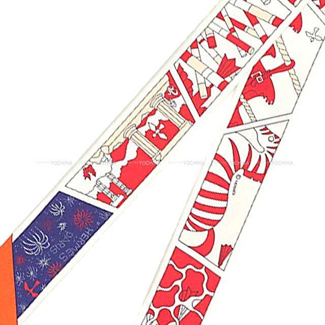 2023 SS NEW HERMES scarf Twilly HERMES Factory Suite Rouge/Blanc(White)/Blue Silk100%[BRAND NEW][Authentic]