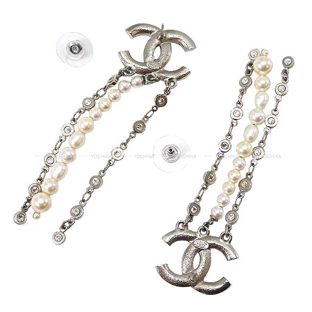 [Pre-loved] CHANEL pierced earring Rhinestone COCO mark Pearl Dangling C20S Silver HW AB4033[LIKE NEW][Authentic]