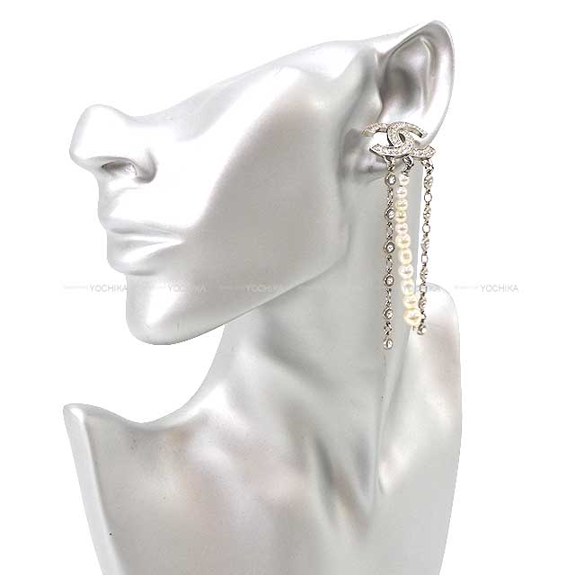 [Pre-loved] CHANEL pierced earring Rhinestone COCO mark Pearl Dangling C20S Silver HW AB4033[LIKE NEW][Authentic]