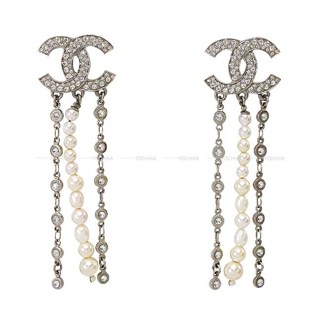 [Pre-loved] CHANEL pierced earring Rhinestone COCO mark Pearl Dangling C20S Silver HW AB4033[LIKE NEW][Authentic]