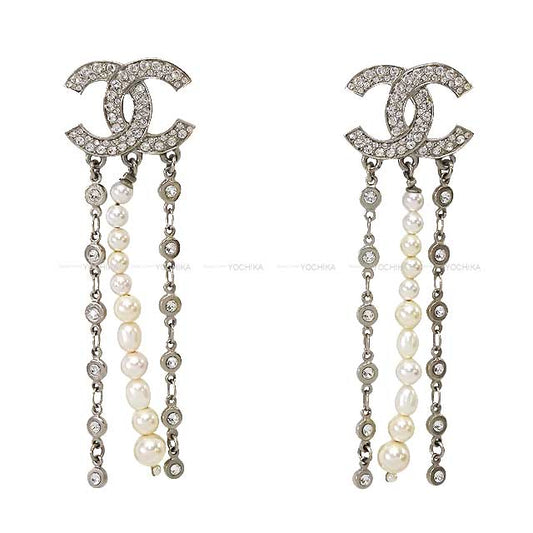 [Pre-loved] CHANEL pierced earring Rhinestone COCO mark Pearl Dangling C20S Silver HW AB4033[LIKE NEW][Authentic]