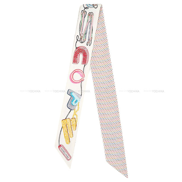 2023 SS HERMES scarf Twilly Pointille embroidery Chevaloscope White/Bleu/Rouge/Vert Silk100%[EXCELLENT][Authentic]