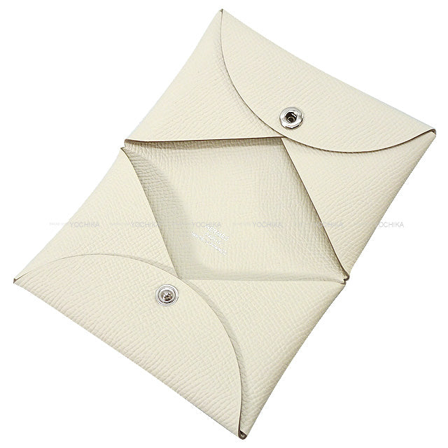 HERMES card holder Calvi Craie Ever Grain Silver HW Stamp U[EXCELLENT][Authentic]