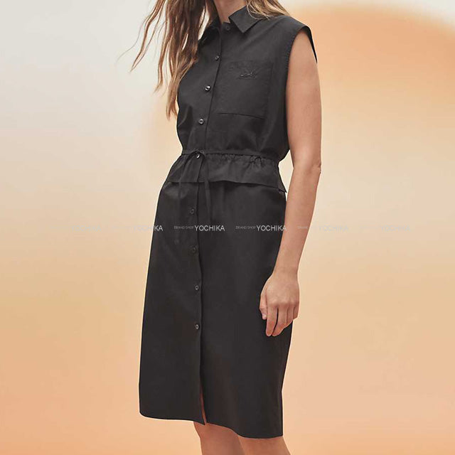 2023SS HERMES One‐piece dress Ladies Caleche embroidered No Sleeve Button Shirt Dress #42 Noir (Black) Cotton100%[EXCELLENT][Authentic]