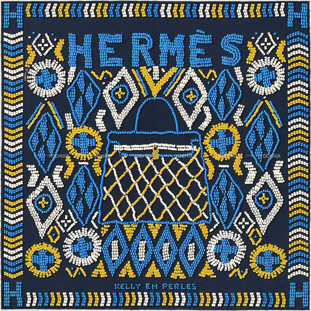 HERMES scarf Carre 45 Gavroche KELLY EN PERLES Marine/Blue roy Silk100%[EXCELLENT][Authentic]