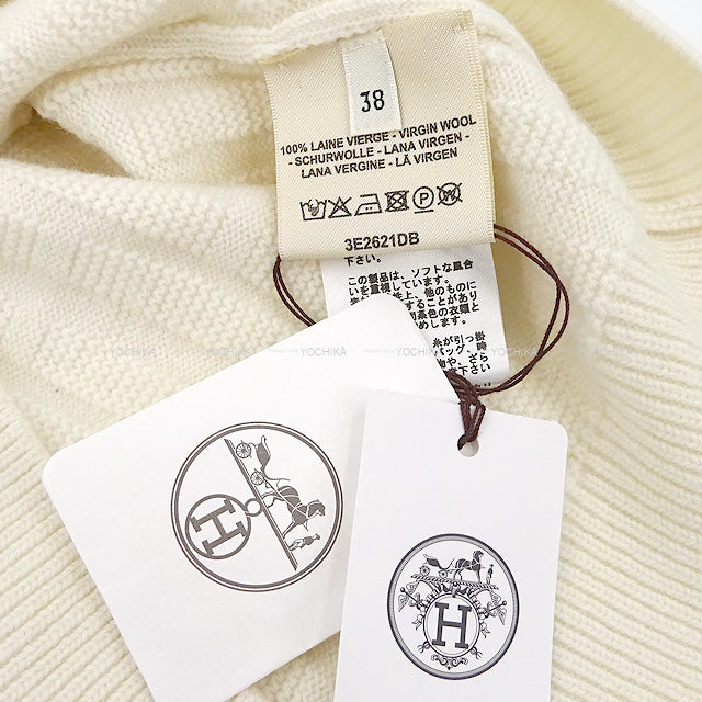 2022 AW HERMES Knit Ladies H Motif Ribbed Crewneck Knit #38 Blanc/Nature Silk Mousseline100%[BRAND NEW][Authentic]