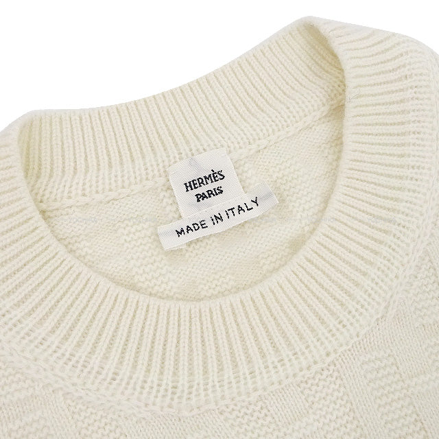 2022 AW HERMES Knit Ladies H Motif Ribbed Crewneck Knit #38 Blanc/Nature Silk Mousseline100%[BRAND NEW][Authentic]