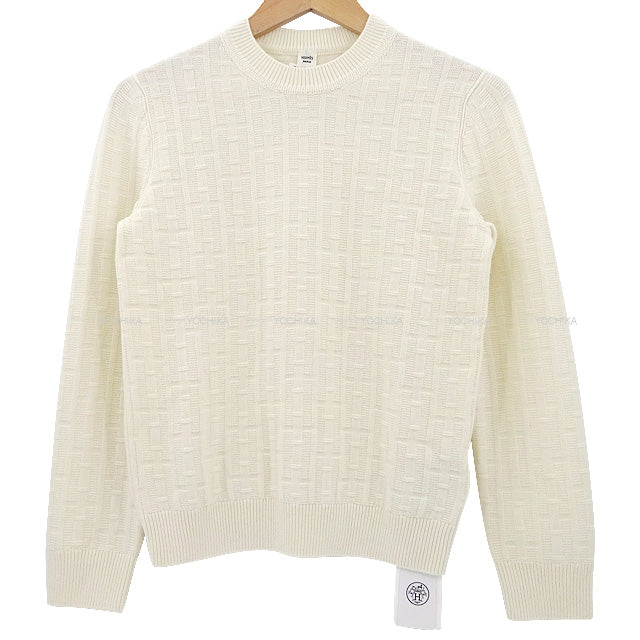 2022 AW HERMES Knit Ladies H Motif Ribbed Crewneck Knit #38 Blanc/Nature Silk Mousseline100%[BRAND NEW][Authentic]