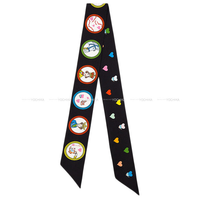 HERMES scarf Twilly HERMES TEA TIME Black/Rouge/Multicolor Cotton100%[EXCELLENT][Authentic]