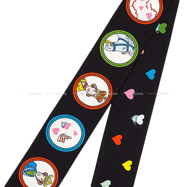HERMES scarf Twilly HERMES TEA TIME Black/Rouge/Multicolor Cotton100%[EXCELLENT][Authentic]
