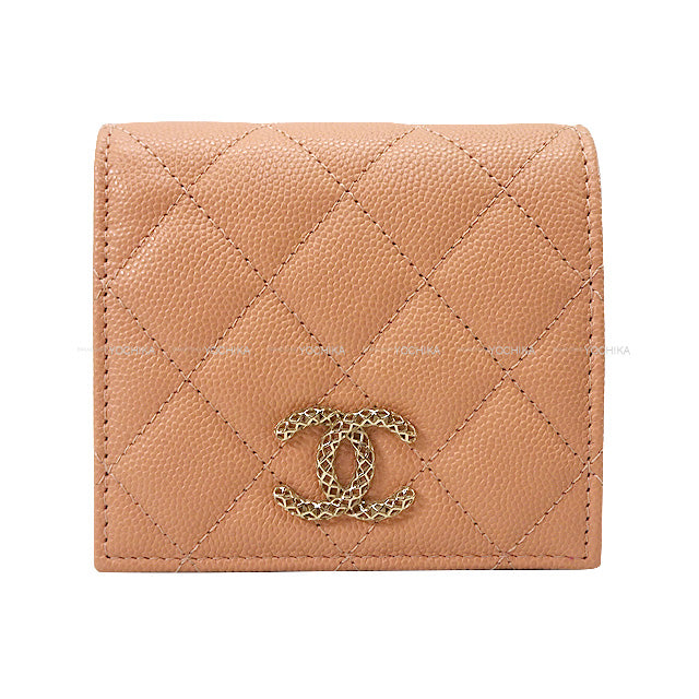 2023 SS CHANEL Bi-fold wallet Coco Mark Small Wallet Pink Beige/Pink Graind Calf(Caviarskin) Champagne Gold HW AP3185[BRAND NEW][Authentic]