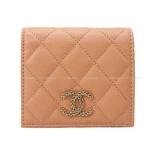 2023 SS CHANEL Bi-fold wallet Coco Mark Small Wallet Pink Beige/Pink Graind Calf(Caviarskin) Champagne Gold HW AP3185[BRAND NEW][Authentic]