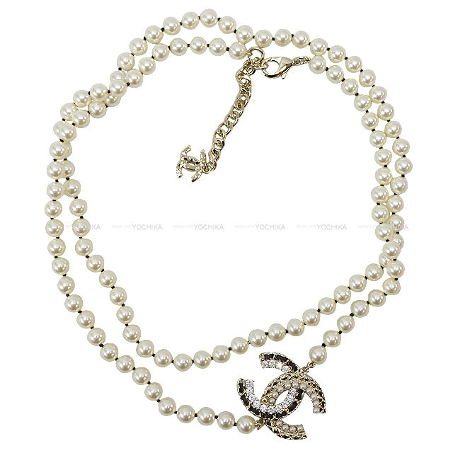 CHANEL necklace Chain COCO Mark Pearl Rhinestone Long Champagne Gold HW AB9084[BRAND NEW][Authentic]