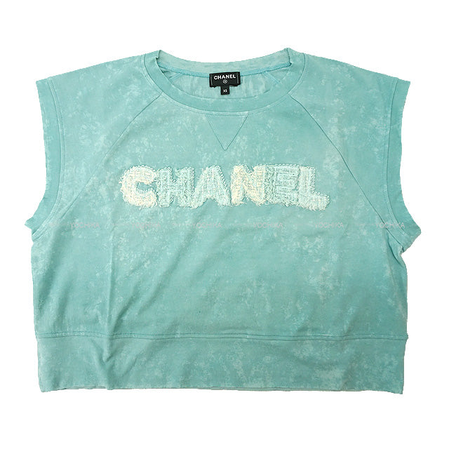 2023 SS NEW CHANEL Short sleeve t shirt French sleeve bleach tweed Logo Design XS Green Cotton P74669[BRAND NEW][Authentic]