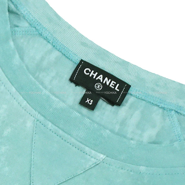 2023 SS NEW CHANEL Short sleeve t shirt French sleeve bleach tweed Logo Design XS Green Cotton P74669[BRAND NEW][Authentic]