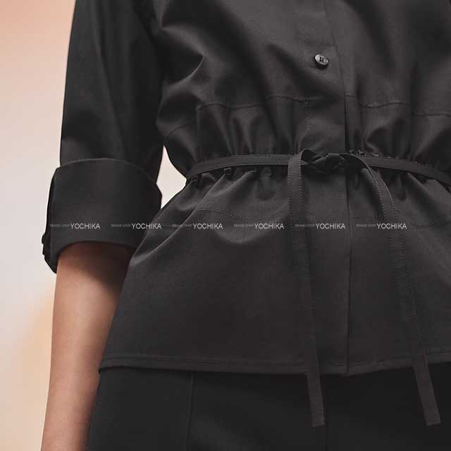 HERMES Long sleeve shirt Ladies Waist ring Caleche embroidered #38 Noir (Black) Cotton tropical 38[BRAND NEW][Authentic]