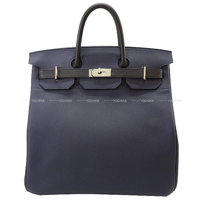 HERMES Handbag Haut a Courroies 40 Bicolor Bleu Nuit/Noir (Black) Veau Jonathan Silver HW Stamp C[EXCELLENT][Authentic]