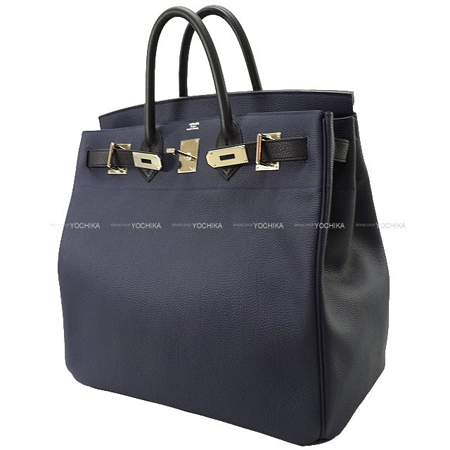 HERMES Handbag Haut a Courroies 40 Bicolor Bleu Nuit/Noir (Black) Veau Jonathan Silver HW Stamp C[EXCELLENT][Authentic]