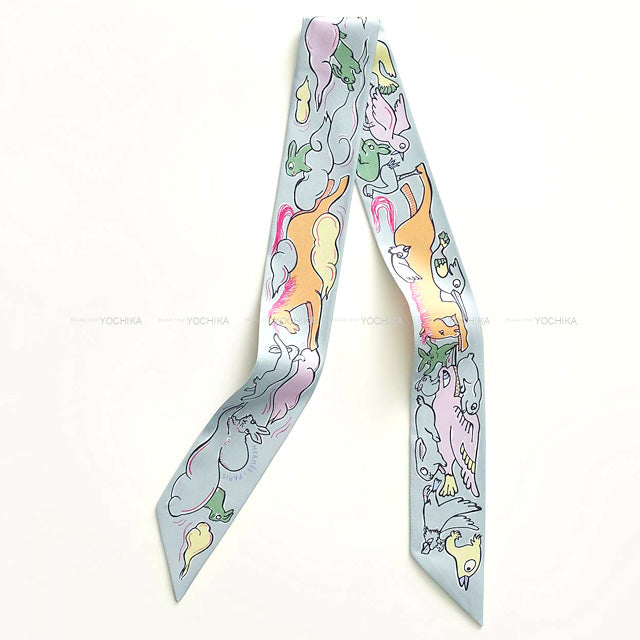 2023 AW HERMES scarf Twilly Mille et Un Lapins Gris Perle/Rose/Jaune Silk100%[EXCELLENT][Authentic]