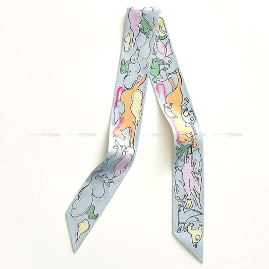 2023 AW HERMES scarf Twilly Mille et Un Lapins Gris Perle/Rose/Jaune Silk100%[EXCELLENT][Authentic]