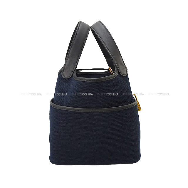 HERMES Handbag Picotin Lock 18 PM Cargo Pockets Blue Marine/Noir (Black) Toile Goeland/Veau Swift Gold HW Stamp B[EXCELLENT][Authentic]