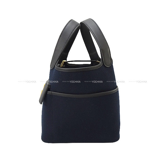 HERMES Handbag Picotin Lock 18 PM Cargo Pockets Blue Marine/Noir (Black) Toile Goeland/Veau Swift Gold HW Stamp B[EXCELLENT][Authentic]