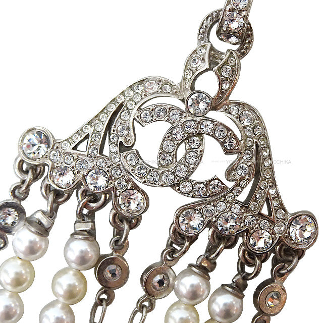 CHANEL broach Rhinestone Cocomark  Paerl Hanging Silver HW[EXCELLENT][Authentic]