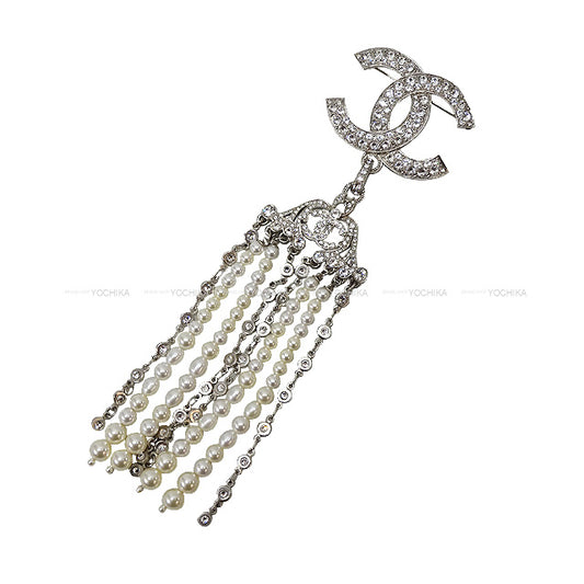 CHANEL broach Rhinestone Cocomark  Paerl Hanging Silver HW[EXCELLENT][Authentic]